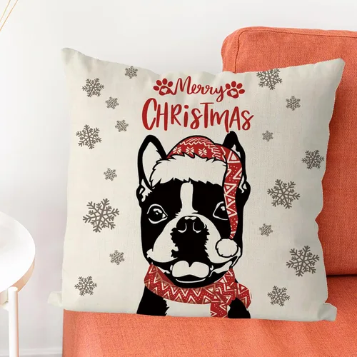 Vista 2 de GAGEC Fundas de almohada de Navidad de 18 x 18 pulgadas, fundas de almohada de perro Boston Terrier, fundas de almohada de invierno para Navidad