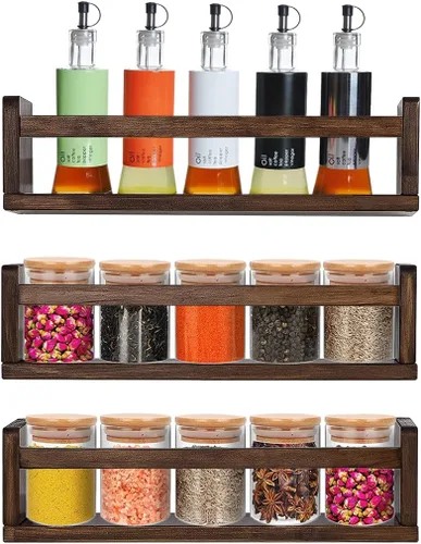 Vista 20 de AZSKY Estantes clásicos para libros de guardería, estantes flotantes de madera negra, estantería de pared para decoración de baño, cocina, especias