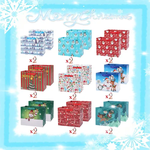 Vista 3 de JWSCYSY 18 Pack Bolsas de regalo de papel de Navidad con papeles de seda a granel, bolsas de regalo de Navidad medianas con diseños surtidos