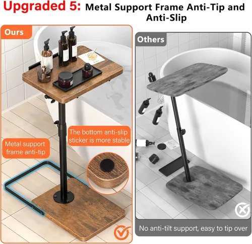 Vista 6 de Mesa de TV para sofá, altura ajustable/giro de 360°/diseño de panel abatible de 180°, mesa auxiliar lateral en forma de C, mesa lateral para brazo