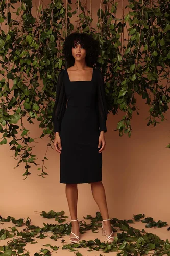 Vista 4 de Maggy London Vestido de cuello cuadrado para mujer con mangas largas abombadas transparentes