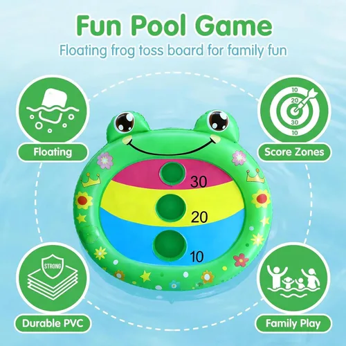 Vista 2 de Divertidos juguetes de piscina para niños, paquete de 2 tablas inflables de cornhole de rana flotante, juego de natación al aire libre para adultos