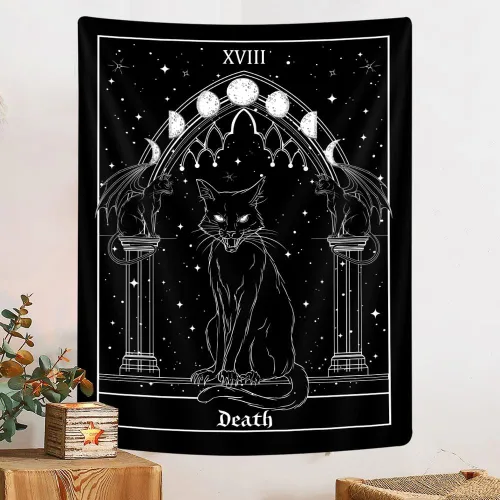 Vista 3 de Tapiz gótico de gato negro, bruja gótica tarot vertical para colgar en la pared para hombres, arte de brujería de anime estético en blanco y negro