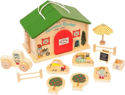 Vista 3 de Manhattan Toy Mercado de Granjeros 12 Piezas Juego de Figuras de Juguete de Madera Portátil para Simular Compras
