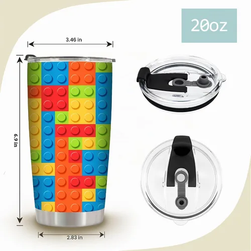 Vista 5 de Tazas de bloques coloridos, divertidos bloques de construcción de 20 onzas, vaso de café de viaje aislado de acero inoxidable, regalos de cumpleaños