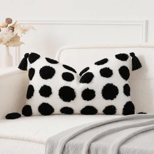 Vista 11 de PANOD Fundas decorativas de cojín de estilo casa de campo súper suaves y mullidas, 16 x 16 pulgadas, color negro, con pompones sólidos, mechones