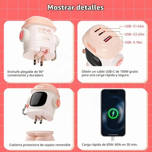 Vista 6 de Divoom Dipow - Cargador USB-C de 65 W, cargador rápido GaN de 3 puertos