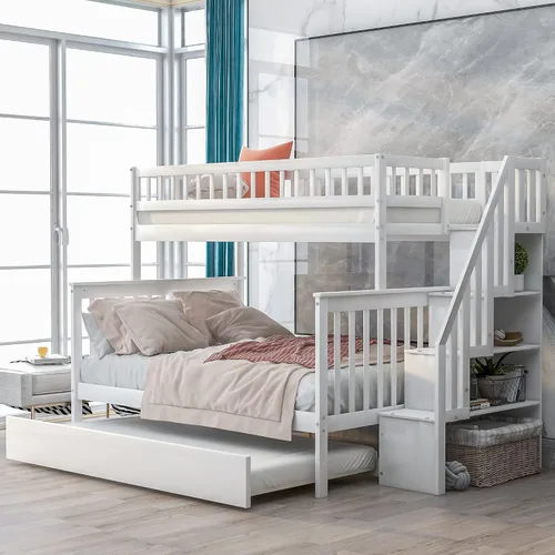 Vista 10 de Harper & Bright Designs - Literas de madera individual sobre matrimonial con nido, marco de cama de madera maciza con estante de almacenamiento