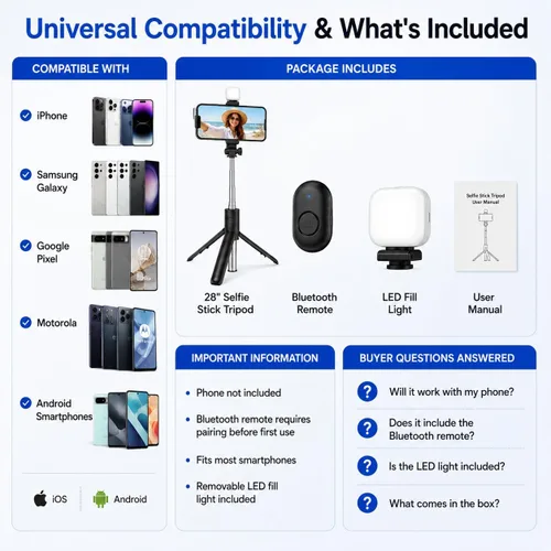 Vista 8 de Acuvar Trípode para selfie stick con control remoto Bluetooth y luz de relleno LED, soporte extensible de 28 pulgadas para iPhone, Samsung