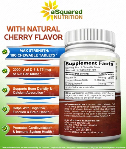 Vista 6 de aSquared Nutrition Vitamina D3 con suplemento K2-180 tabletas masticables, colecalciferol D-3 de fuerza máxima y K-2 MK7 para apoyar huesos