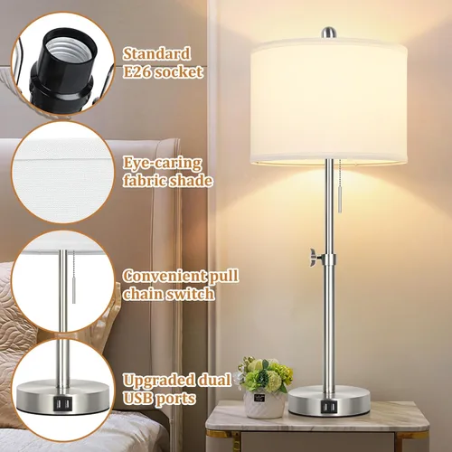 Vista 7 de Kondras Juego de 2 lámparas de mesa para dormitorio, lámpara de noche con 2 puertos USB, lámpara de mesa alta ajustable de 23 a 30 pulgadas