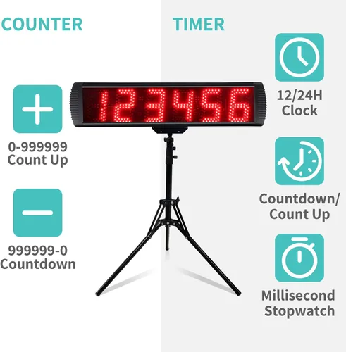 Vista 5 de LUCKY TIME Reloj de carreras con trípode, pantalla digital LED con función de contador puede hasta 999999