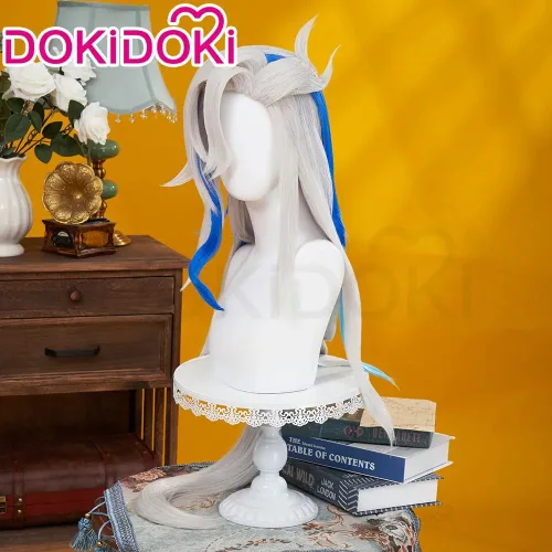 Vista 3 de KIRA KIRA Neuvillette - Peluca de cosplay Genshin Impact Fontaine, peluca larga de cabello gris azul, peluca de fiesta de Halloween para hombres