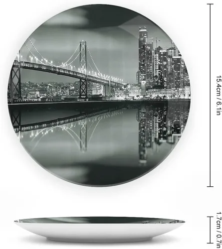 Vista 2 de Platos decorativos, adorno con estampado en blanco y negro, puente de la bahía de San Francisco, panorámica de Metrópolis, 8 pulgadas, 1 plato con 1