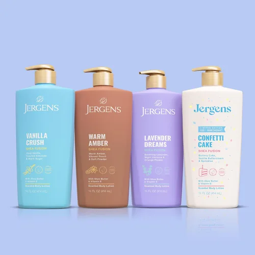 Vista 6 de Jergens Loción corporal de pastel de confeti de Shea Fusion, 14 fl oz Para pieles secas, loción corporal hidratante con manteca de karité