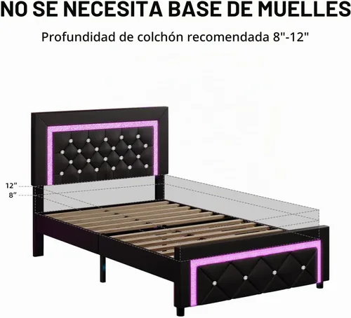 Vista 6 de BarnFurin Marco de cama Twin con luces LED, cama de plataforma tapizada con cabecera capitonada de diamante, no necesita somier, sin ruido, fácil