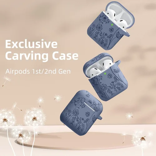 Vista 2 de Lerobo - Funda grabada con flores para estuche de AirPods, protector de silicona suave y elegante con llavero, compatible con estuche de carga
