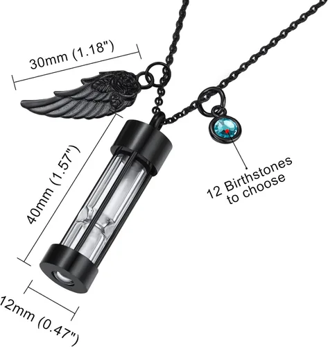 Vista 2 de MeMeDIY Collar de urna para hombre, de acero inoxidable, colgante conmemorativo de reloj de arena con ala de ángel, piedra natal redonda, recuerdo