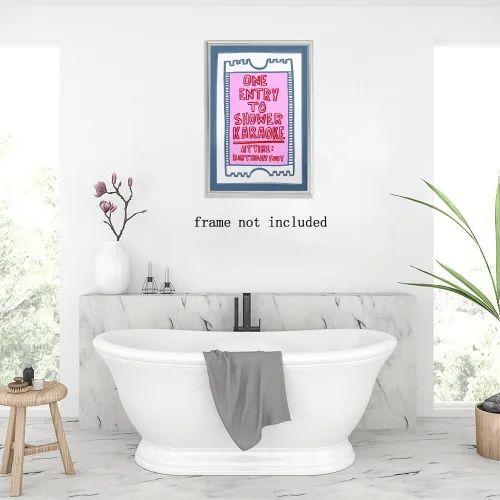 Vista 6 de Arte de pared moderno en rosa y azul con entrada a la ducha, póster de karaoke, decoración divertida para baño, señales retro para baño, decoración