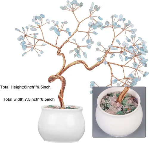 Vista 2 de Amogeeli Árbol de dinero de cobre de cristal aguamarina curativo con maceta de cerámica, árbol de la suerte bonsái de piedra hecho a mano
