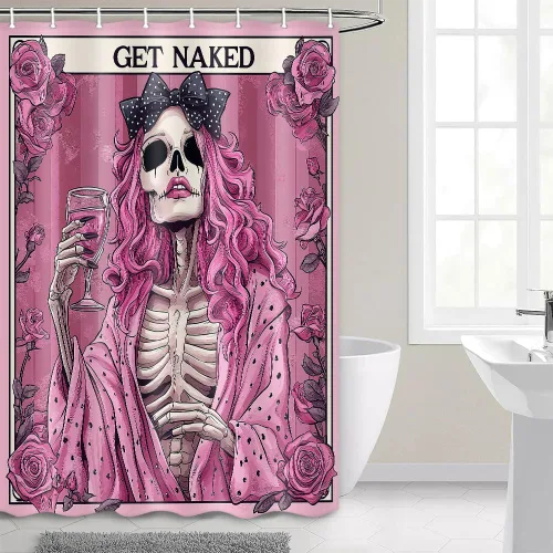 Vista 6 de Divertida cortina de ducha de esqueleto de calavera rosa, para Halloween, gótica, rosa, rojo, rosa, floral, vino tinto, terror, terror, cortina