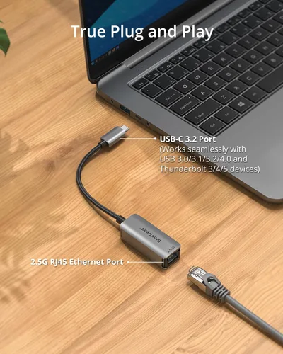 Vista 3 de BrosTrend Adaptador USB C a Ethernet de 2.5 Gb, Plug & Play 2.5 Gigabit USB a RJ45 (compatible con Thunderbolt) para laptop, MacBook, iPad, iPhone