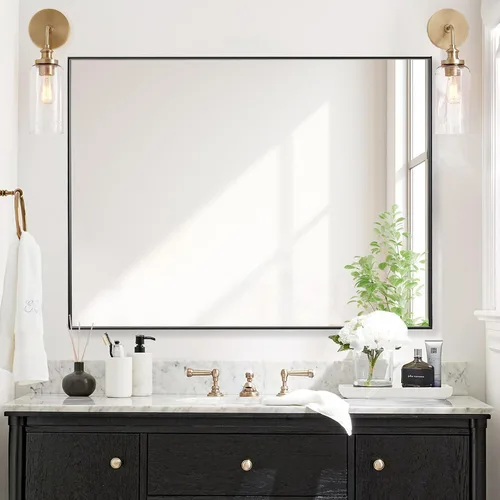 Vista 36 de 24x24 Inch Black Bathroom Mirror for Wall, Aluminum Frame Rectangle Rectangular Vanity Mirror, Modern Large for Bedroom, Living Room, Horizontal or