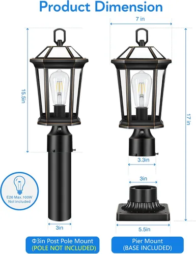 Vista 9 de VIANIS Luces de poste de lámpara para exteriores con sensor de atardecer a amanecer, accesorios de luz de poste de calle de triple cabeza, postes