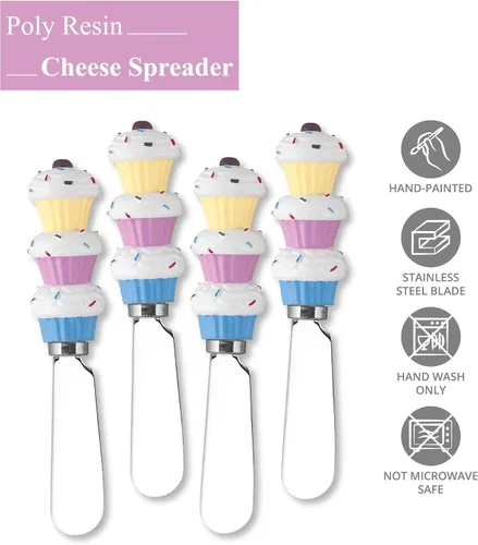 Vista 4 de UP ware Cupcakes - Esparcidores de queso, asas de resina pintadas a mano con cuchillas de acero inoxidable para untar queso crema, mantequilla