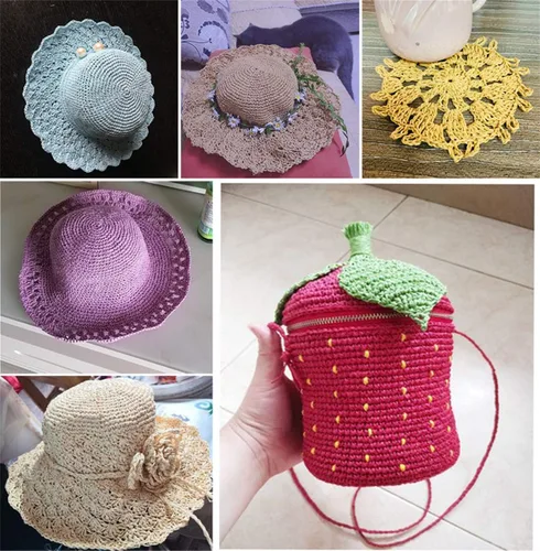 Vista 7 de Paquete de 2 cuerdas de rafia de algodón natural, rayón, hilo de rafia, para verano, sombrero de paja, bolsa de playa, bolsa de tejer a mano Negro