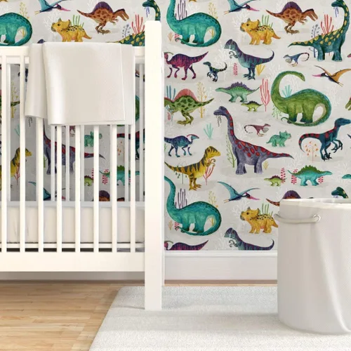 Vista 6 de Muestras de papel tapiz para despegar y pegar, dinosaurios, brillantes, grandes, verdes, para niños, rayas grises, dibujado a mano, dinosaurios