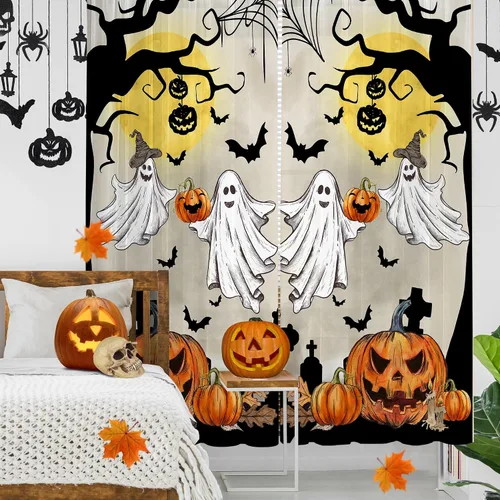 Vista 6 de PINATA Cortinas de Halloween para sala de estar, decoración de Halloween para el hogar, ventana, naranja transparente de 96 pulgadas de largo, 2