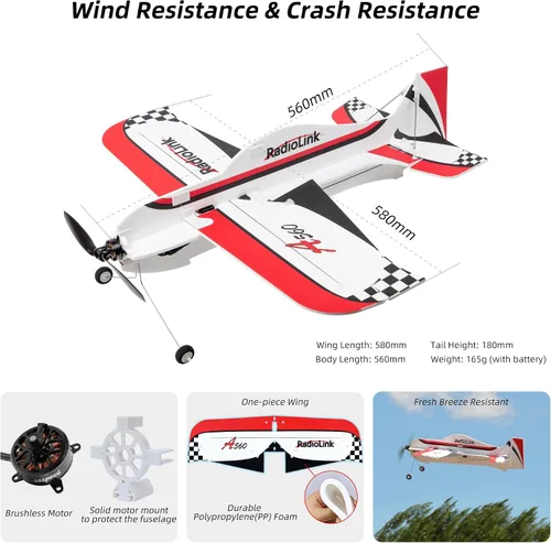 Vista 6 de Radiolink A560 Plug & Play (PNP) Avión 3D Radio Control 580mm de Envergadura con 6 Modos de Vuelo, Controlador de Vuelo Byme-A de 4 Canales