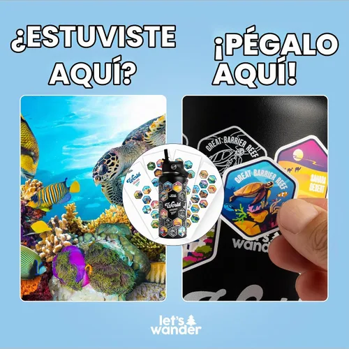 Vista 6 de LET'S WANDER - Botella de agua para aventureros del mundo con 50 pegatinas impermeables - 32 onzas, botella de acero inoxidable aislada y a prueba