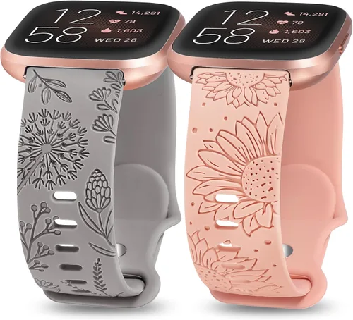 Vista 11 de Paquete de 2 correas con grabado floral compatibles con Fitbit Versa 2/Fitbit Versa/Versa Lite para mujeres, linda correa deportiva de silicona