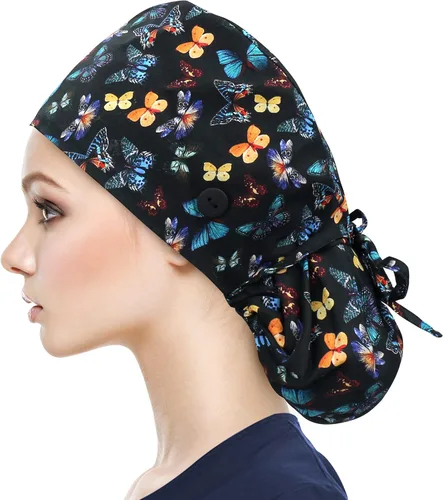 Vista 30 de QBA Gorra de trabajo ajustable con botón, gorro forrado de satén, gorro de trabajo de algodón, banda elástica para atar en la espalda, unisex