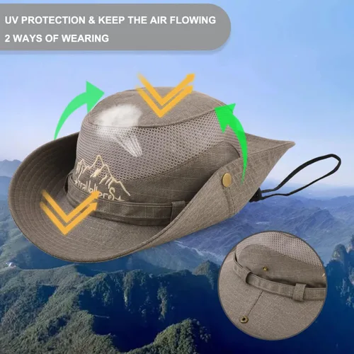Vista 3 de Sombrero de sol para hombre, bordado de algodón, para verano, protección solar, ala ancha, plegable, estilo safari, boonie
