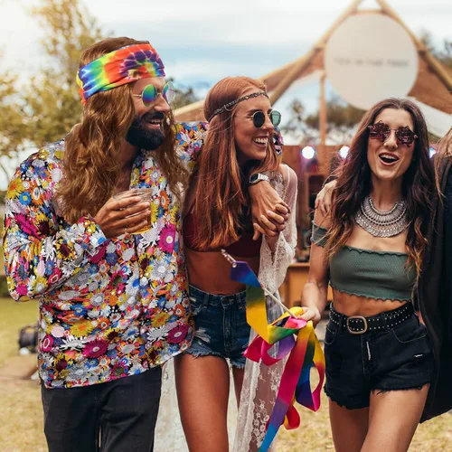 Vista 5 de Disfraz hippie de discoteca de los años 60 y 70 para hombre, diseño floral, vintage, camisa de manga larga, Groovy para Halloween y cosplay