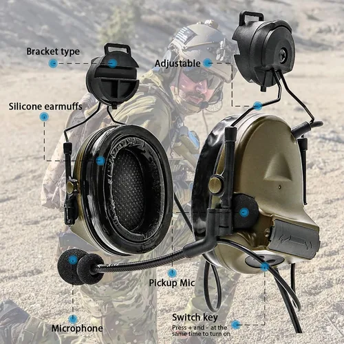 Vista 3 de Auriculares tácticos con adaptador de riel ARC, protección auditiva con almohadillas de gel para deportes de airsoft