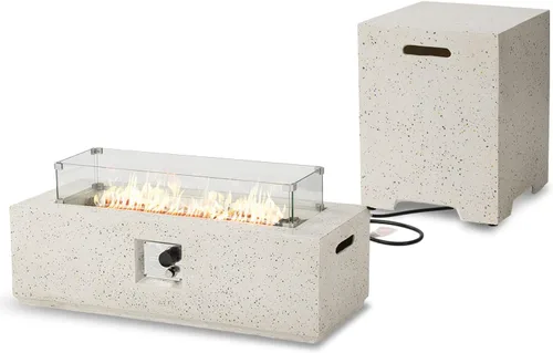 Vista 5 de SUNBURY Mesa de fuego de propano para exteriores de 42 pulgadas, mesa rectangular con tanque de 40,000 BTU, mesa de gas blanca manchada para patio