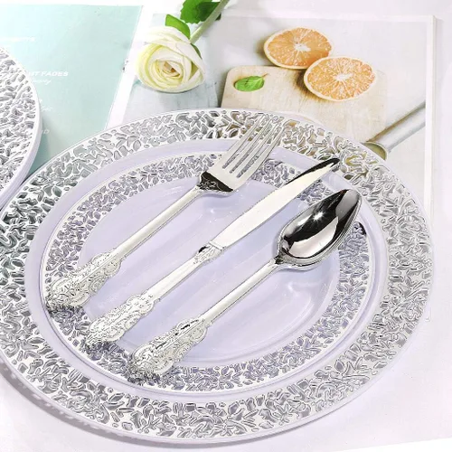 Vista 8 de WDF 360 piezas de cubiertos de plástico plateado- cubiertos desechables - 60 platos de plástico plateado