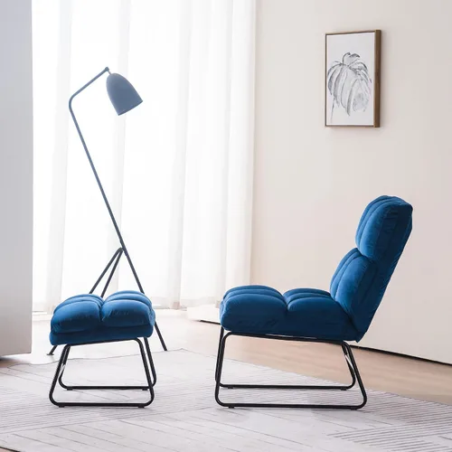 Vista 4 de MCombo Silla decorativa de terciopelo con otomana, acogedora silla de rincón de lectura para espacios pequeños, moderna silla sin brazos para Azul