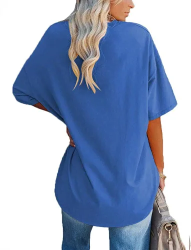 Vista 2 de Fisoew Camisetas de gran tamaño para mujer, camisetas de media manga con cuello redondo de algodón