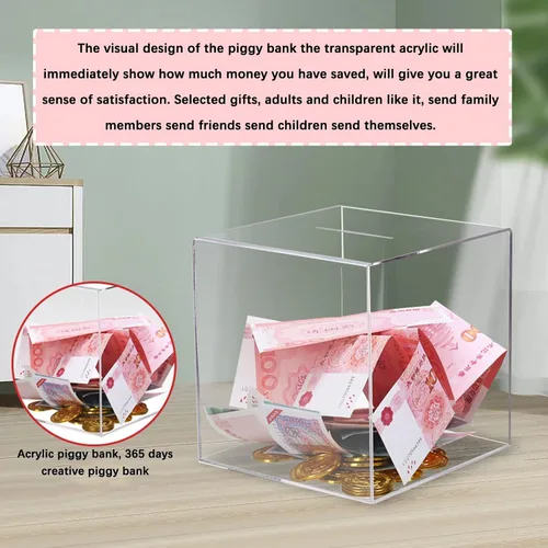 Vista 3 de Alcancía, bancos de dinero para niños, tarro cuadrado de acrílico transparente sin abrir para regalo para niños y adultos, monedas en efectivo