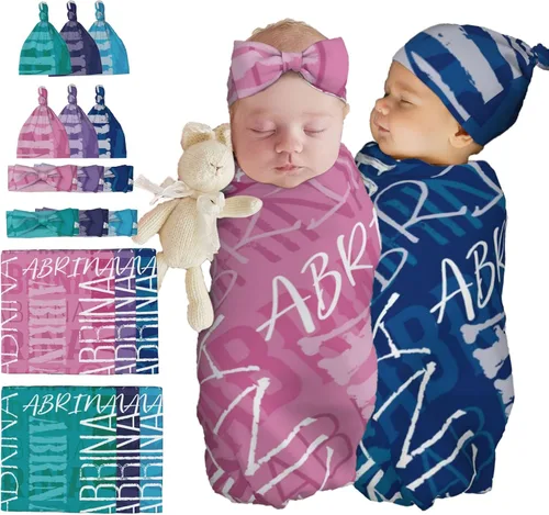 Vista 12 de Juego de manta personalizada para bebé con diadema acogedora y sombrero para niñas y niños recién nacidos, manta personalizada con nombre de bebé