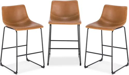 Vista 11 de POLY & BARK Brinley - Juego de 3 taburetes modernos sin brazos con respaldo suavemente curvado y patas de madera, color marrón, asiento de piel