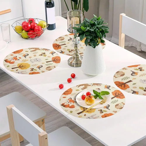 Vista 6 de Cute Woodland Animals Round Table Placemats, Non Slip Washable Placmats for Kitchen Table one sizex4