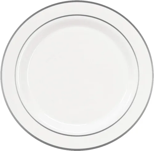 Vista 8 de Party Essentials 40 platos desechables de plástico duro de 10.25 pulgadas, vajilla divina, color blanco con banda plateada