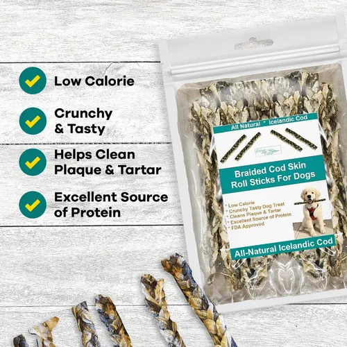 Vista 3 de Ocean Tides Pieles trenzadas de bacalao islandés de 8 onzas para perros y gatos – Un solo ingrediente, piel de pescado capturada en la naturaleza