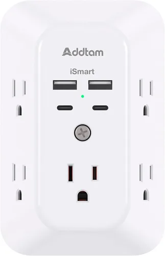 Vista 10 de Addtam cargador USB de pared con protector contra sobrecargas, extensor de 5 tomas con 4 puertos de carga USB (1 salida USB C) de 3 lados, 1800 J